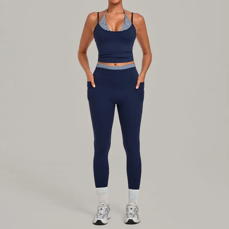 Women's Vintage Yoga Set High Waist Hip Lift Tight Backless Fake 2-Piece Sports Vest Leggings Running Workout Gym Fitness Suit