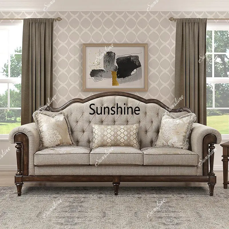 

American retro three-person fabric sofa living room straight row villa leisure combination