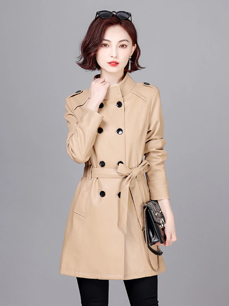 Veste en cuir d'agneau pour femme Ele, double rangée de boutons, manches longues, coupe ajustée, nouvelle collection printemps-automne, vêtement d'extérieur tendance