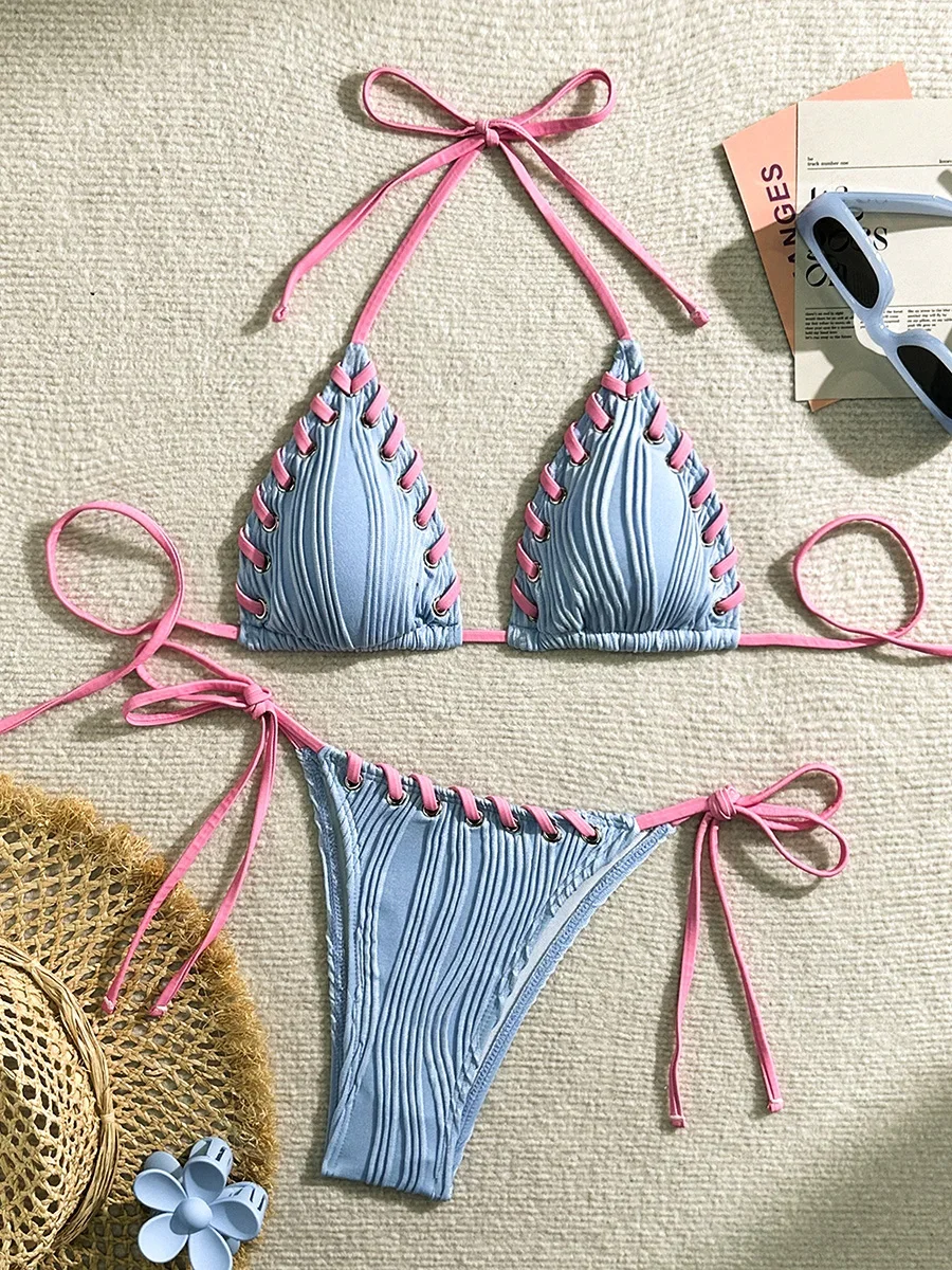 2025 Halter Wrinkled Weaved Bikini Women Swimwear Female Swimsuit Two Pieces Bikini Set Brazilian Bathing Suit Swim Beach Wear