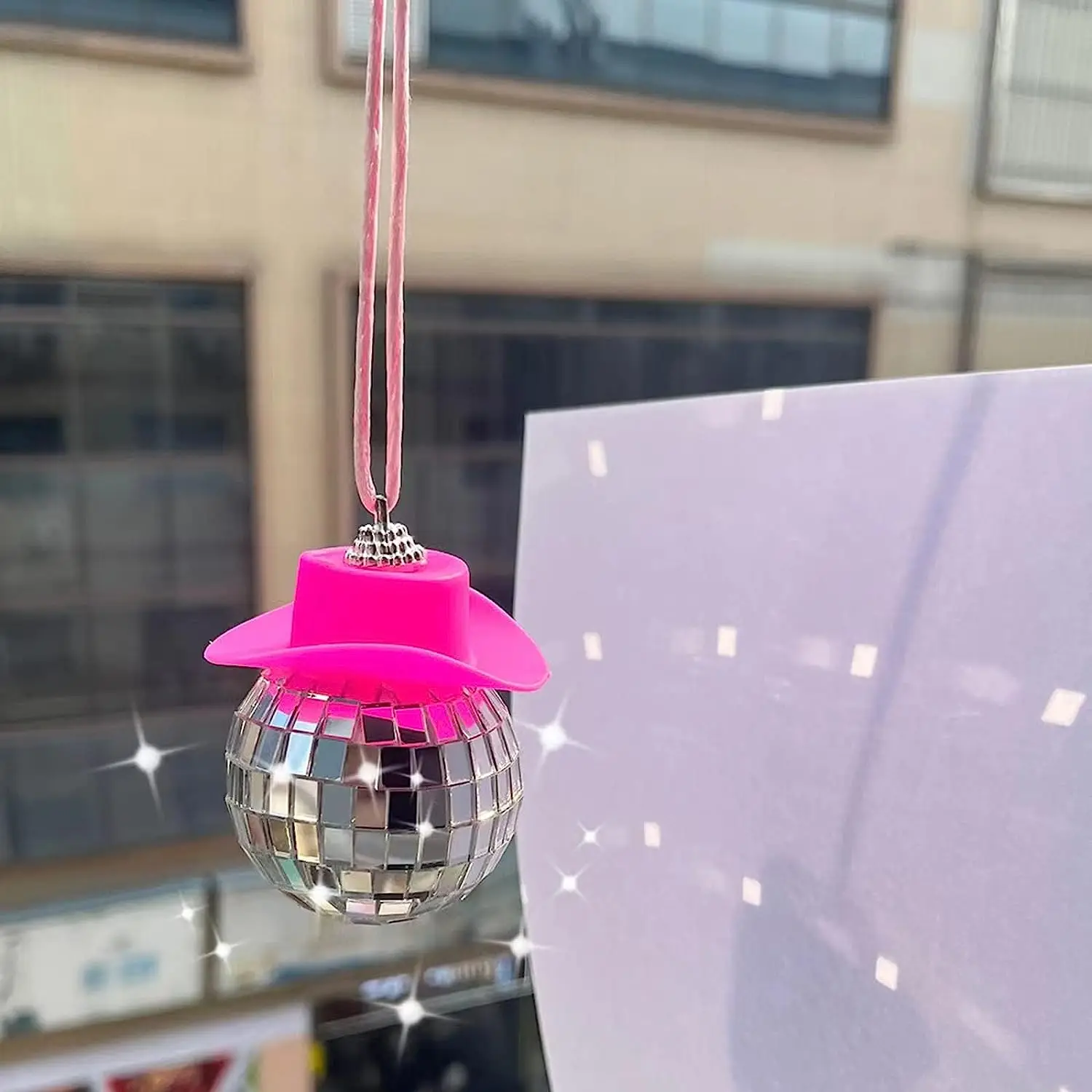 Pink Disco Ball Car Accessory Disco Mirror Ornament Disco Cowboy Hat Accessory Car Ball Disco Charm Disco for Car Cute