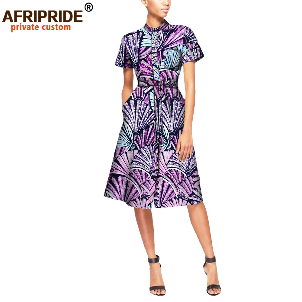African Dresses for Women Casual Wear Plus Size Private Custom Short Sleeve Knee-length Button Dress with Sashes A7225109