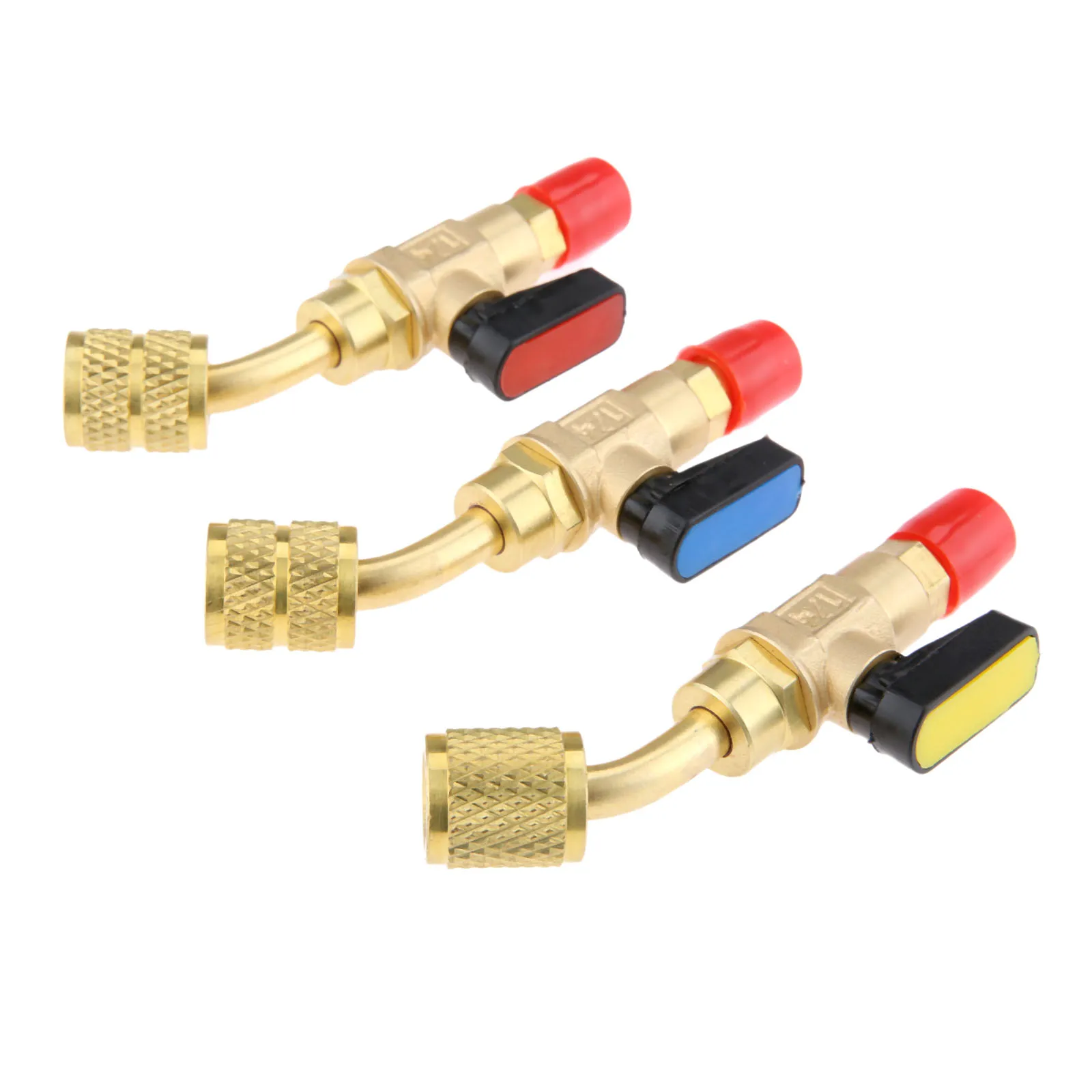 3Pcs Brass Manual Shut-off Valve Angled Type Adapter with Ball Valve A/C HVAC Refrigerant Charging Hose Tool Fit R22 R12 R410a