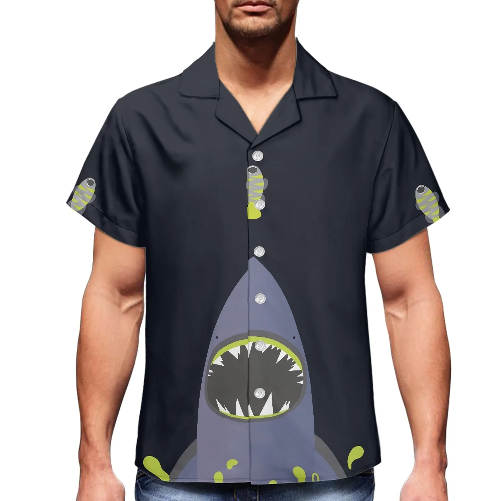 

Black Printed Shark Cartoon Hawaiian Style Luxury Men's Summer V-neck Short Sleeve Men's Sports Travel Men's Slim fit Shirt