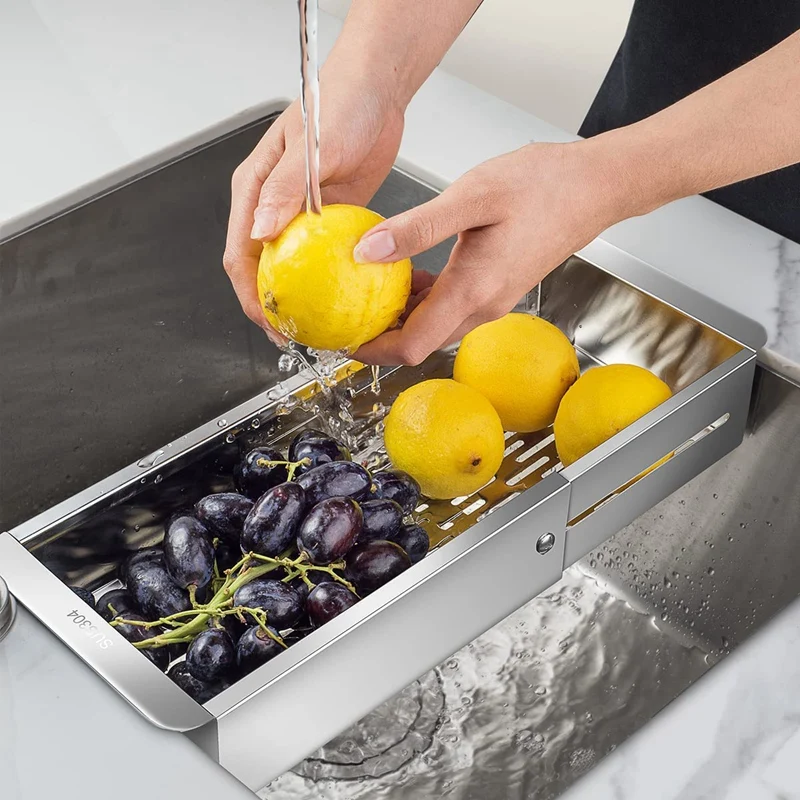 Sobre A Pia De Aço Inoxidável Colander, Cesta De Filtro, Lavando Legumes e Frutas, Escorra De Massa Cozida, Extensível