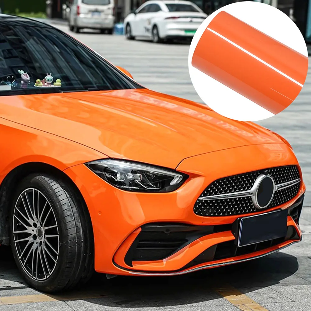 Self-Adhesive PET Gloss Orange Car Wrap Vinyl Film PVC Body Cover Foil for Auto Motorcycle Color Changing Exterior Decoration