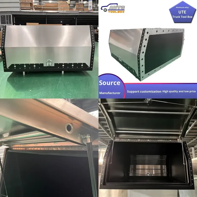 Truck Tool Box Aluminum Rectangular, Canopy Storage Box 2 Flip Doors Plastic Coated, Pickup Bed Cargo Chest Adjustable Safety