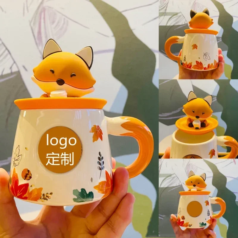 Ensemble de tasses en céramique avec couvercle, tasse à café mignonne, cuir chevelu d'érable, forêt d'automne, lapin, renard, SLaura, gland, nouveau