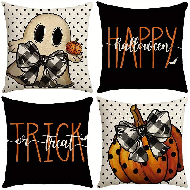 Printed Halloween Pillow Cover Set 4 Pack Ghost Pumpkin Happy Trick or Treat Cushion Throw Pillow Polyester Decoration for Home