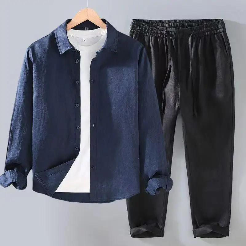 2026 Sommer Herren Baumwoll-Leinen Zweiteiler Set mit Umlegekragen Kurzarmhemd Locker Atmungsaktiv Passende Hose Strandurlaub – Detail 5
