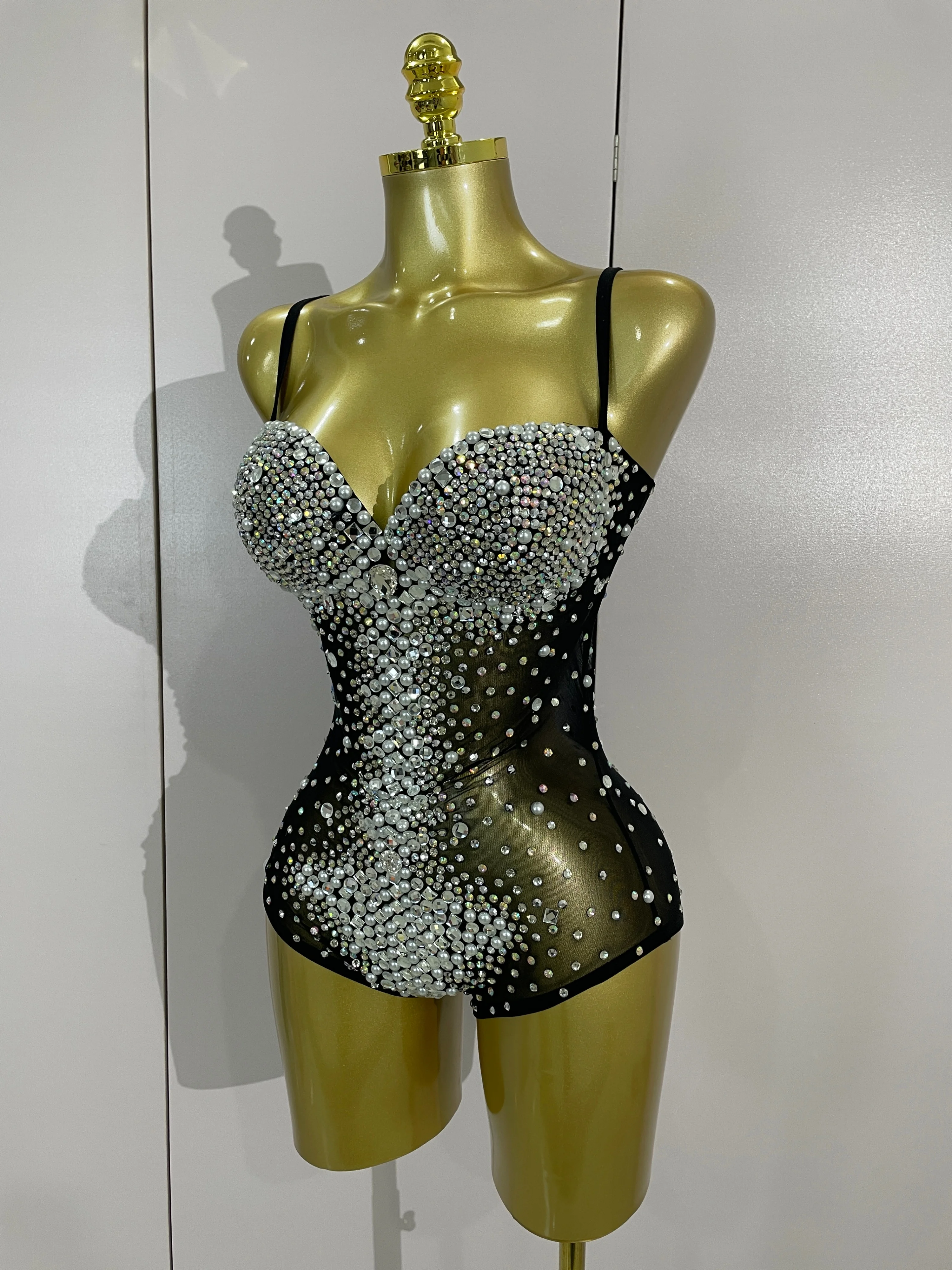 

Sexy Celebrate Party Nightclub Bar Dancer Performance Stage Wear Sparkly Rhinestones Pearls Mesh See Through Stretch Bodysuits