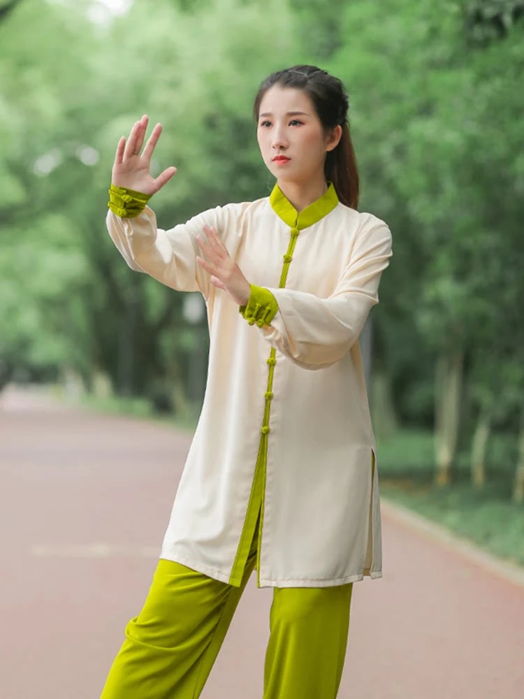 New Women Tai Chi Suit Spring Autumn Slim Fit Modified Elastic Cotton Color Block Martial Arts Training Practice Uniform Set