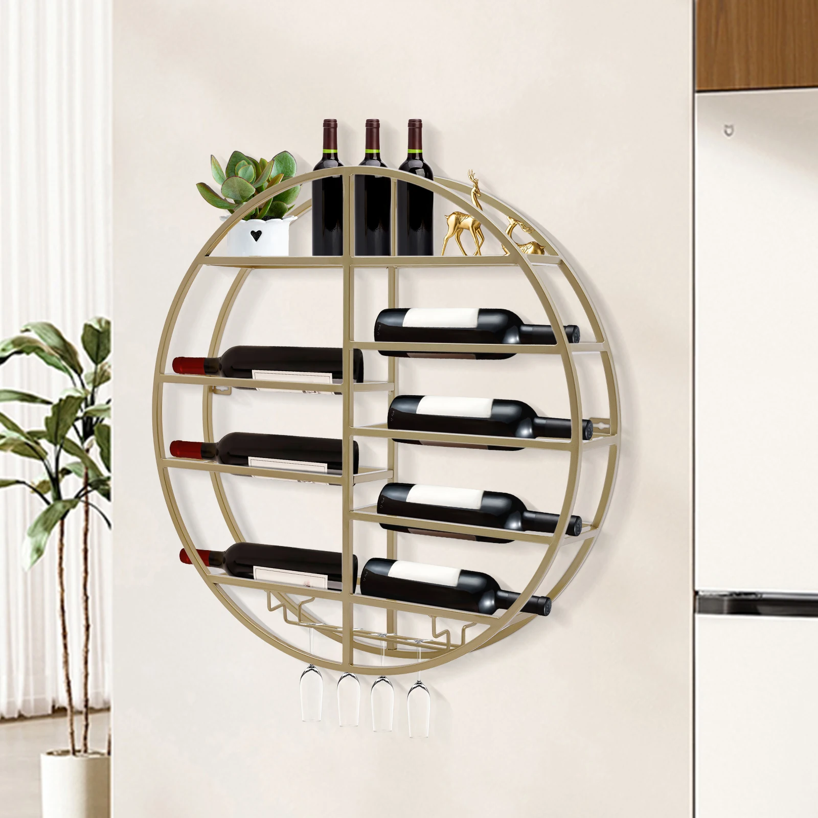 Wall Mounted Round Wine Rack Wine Display Rack Wine Shelf with Glass Holder 60*11cm Open Design Fashionable Appearance