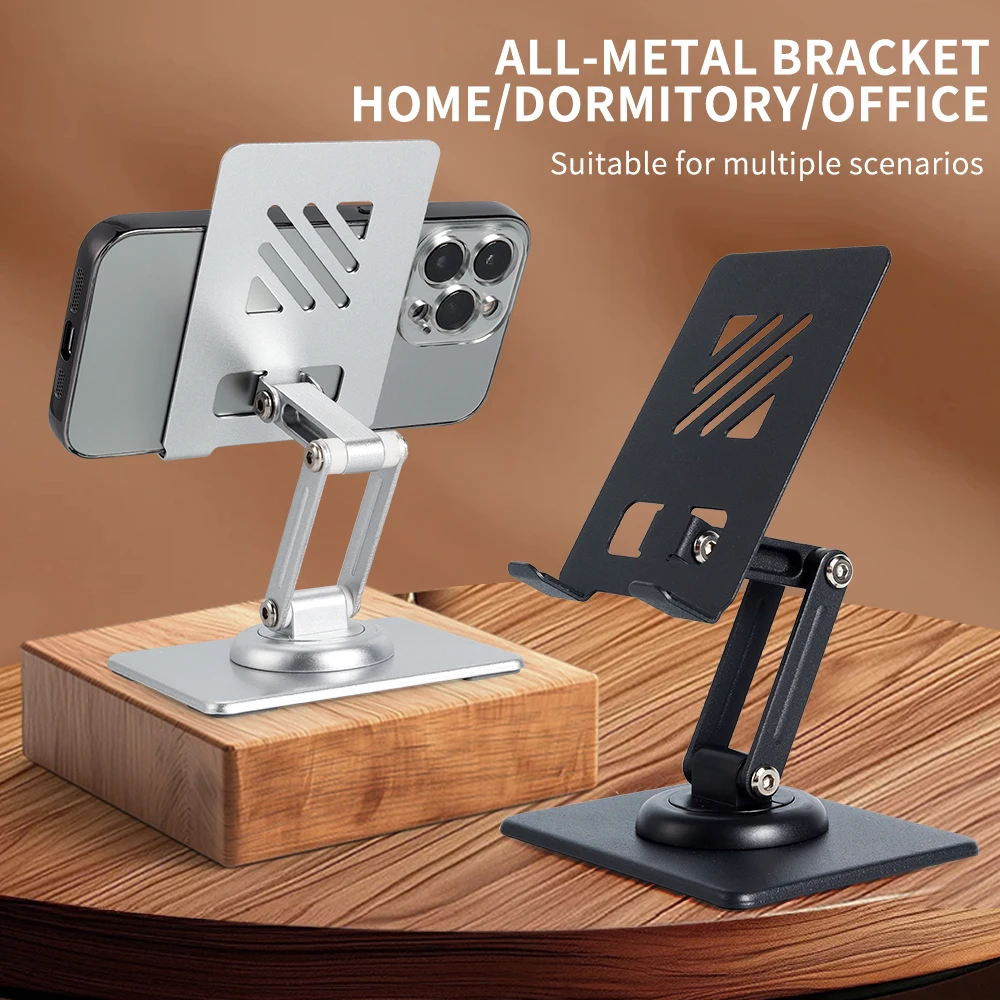

360° Rotatable Foldable Universal Metal Stand in Black and Silver, Desktop Holder for Mobile Phones and Tablets