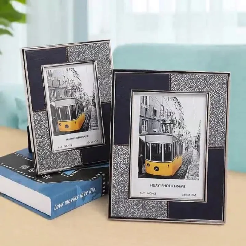 Stylish 6-Inch 7-Inch Leather Picture Frame with Color-Block Silver Metal Border Elegant Tabletop Photo Display Frame Home Décor