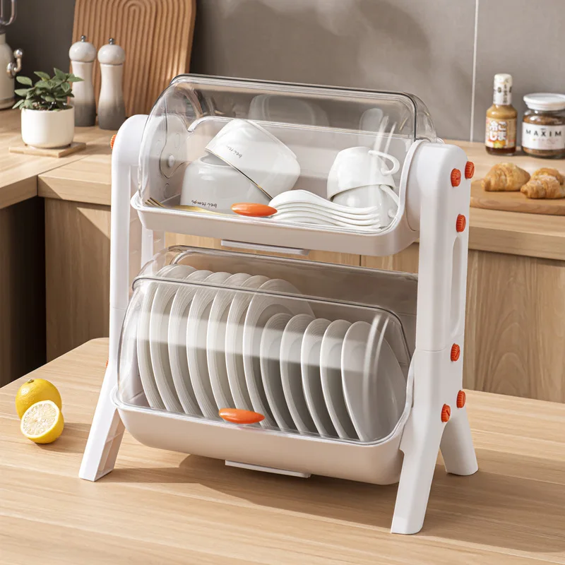 

Kitchen Double-Layer Storage Rack Bowl Dishes Bowl Plate Tableware Box Draining Bowl Rack Household Bowl Box with Lid Cupboard