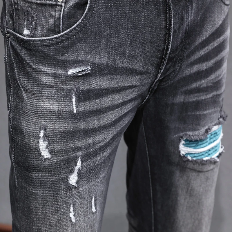 y2k fashion new light colored denim jeans washed nostalgic stretch slim fit men's black gray jeans high street hip-hop brand