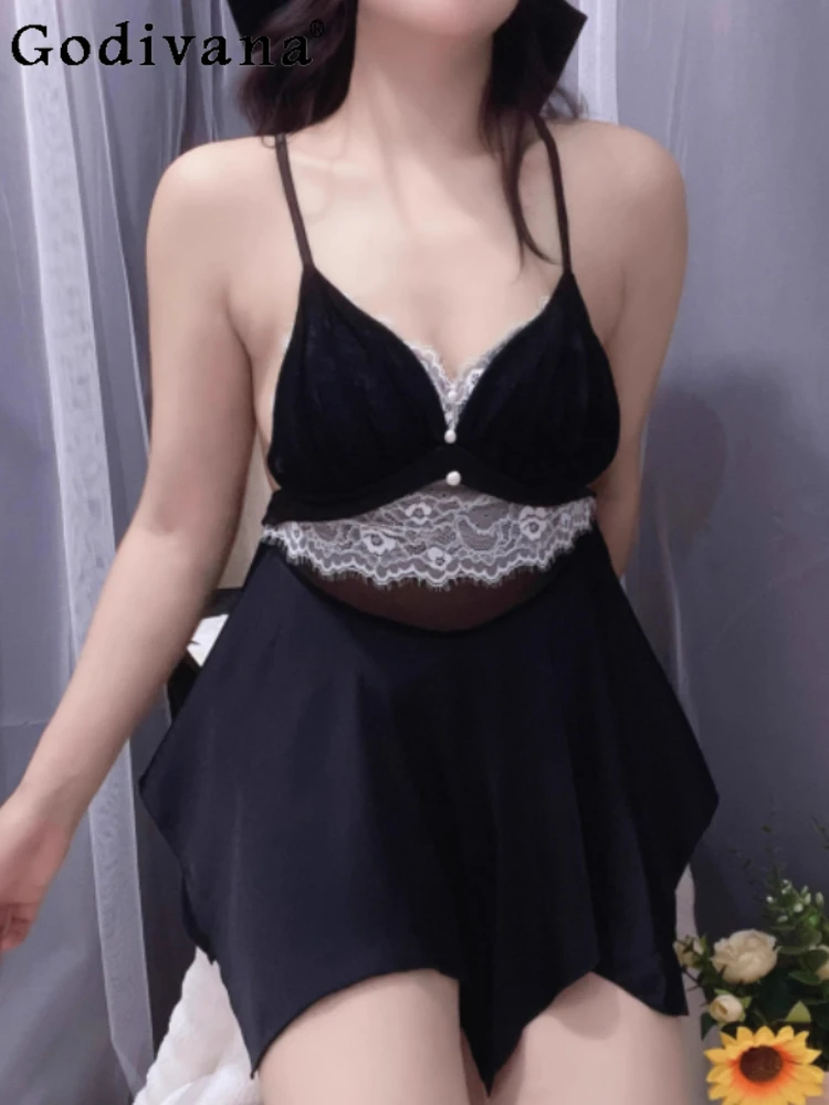 

Female Sexy V-neck Backless Lace Irregular Suspender Nightdress Elegant High Waist Fashion Versatile Black Summer Loungewear