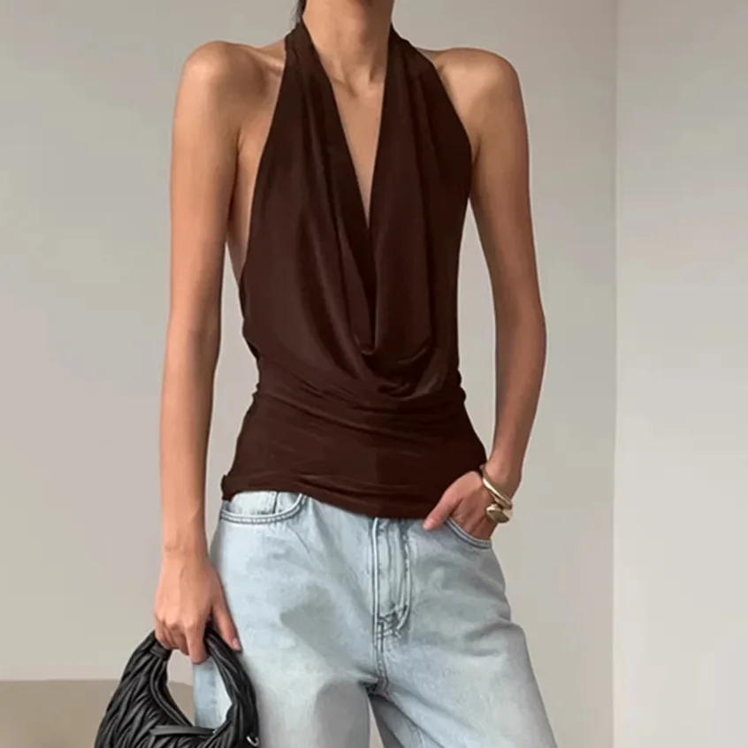 THRUM 2026 Spring Summer Women French Commuter Brown Halter Draped Knit Top Design Backless Cowl Neck Sleeveless Cami