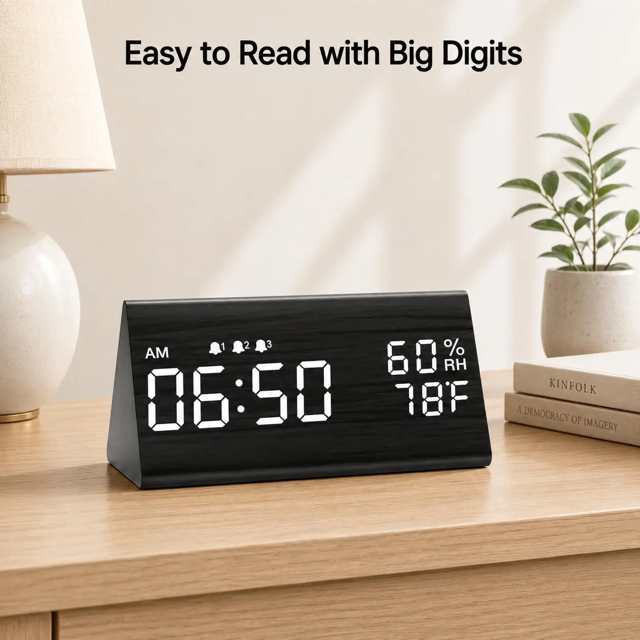 Wooden Digital Alarm Clock for Bedrooms and Office, 3 Alarms with Big Digits, Humidity and Temperature Display,, Customized