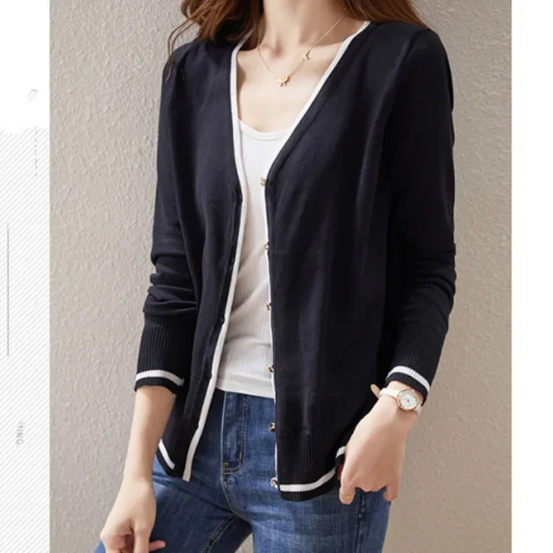 Spring Autumn New Women\'s Color Block V-Neck Button Casual Fashion Commuter Versatile Loose Long Sleeve Knitted Cardigan Tops