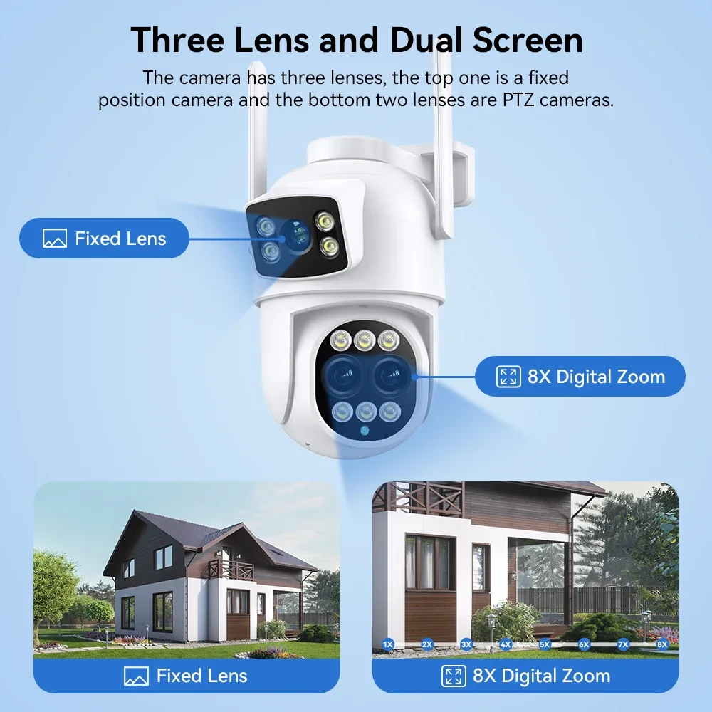 HAMROL HD 9MP PTZ IP Camera Three Lens 8X Zoom H.265 Home Security ICSEE Motion Detection Outdoor 6MP CCTV Surveillance