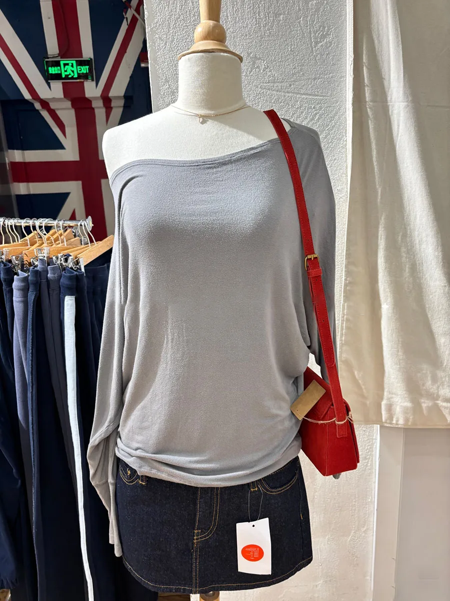 

Новые однотонные женские футболки с длинными рукавами «летучая мышь», сексуальные, с вырезом «лодочка», из хлопка, простые, повседневные, универсальные, весенние, в стиле Y2K