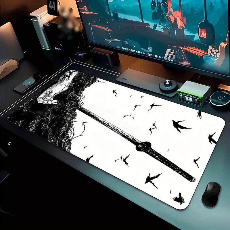 Black and White Samurai Sword Gaming Mouse Pad, Large Non-Slip Desk Mat with Ink Wash Bird Design for Gamers Office