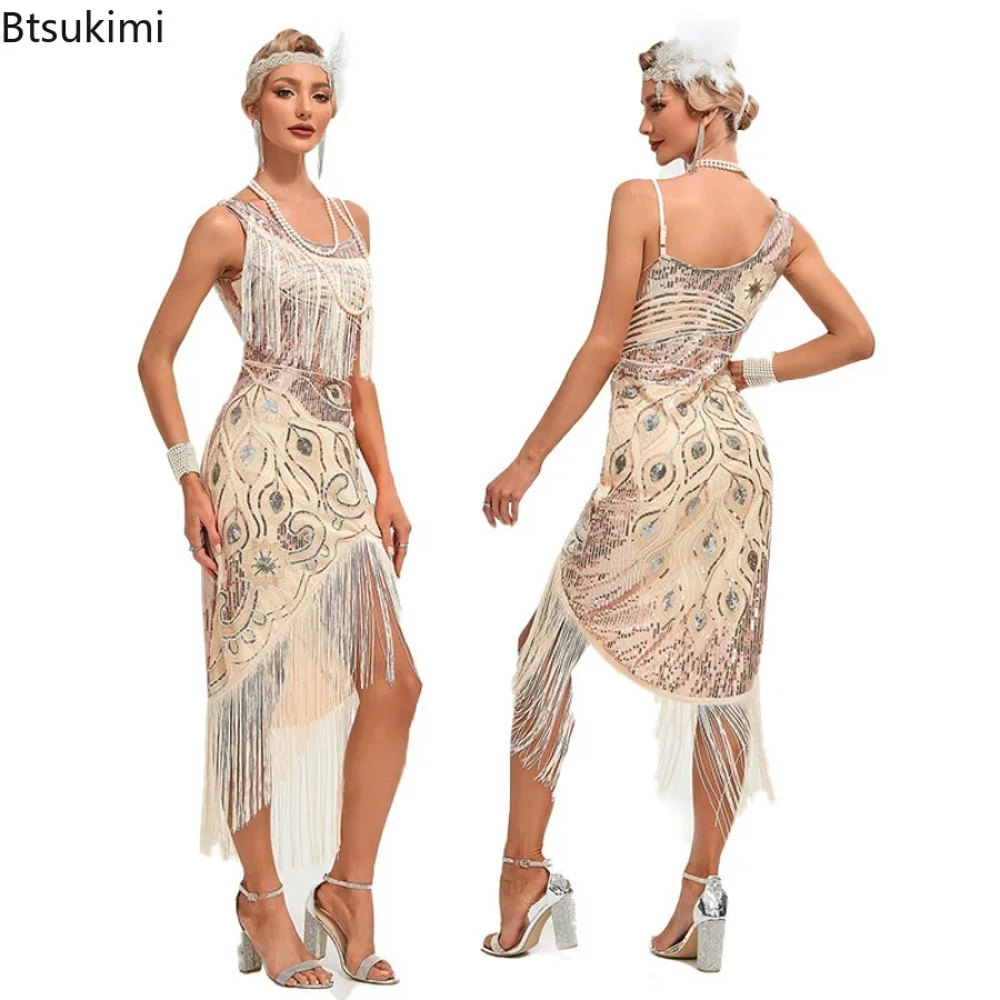 Sequin Dress 1920s Women Gatsby Party Costumes New Peacock Pattern Long Fringe Sleeveless Bodycon Skirt Ball Party Evening Dress