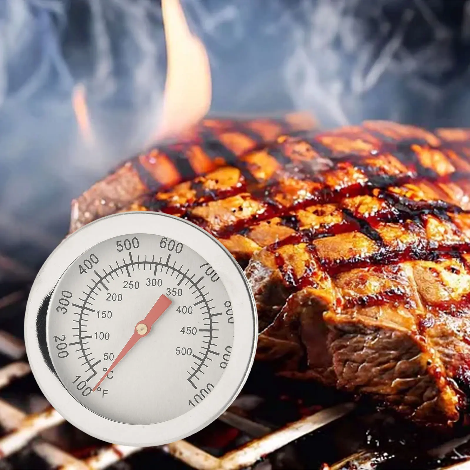 Temperature Gauge BBQ Thermometer 52*10.4*52.7mm Accurate (+/-10F+/-5℃) Fits Grills Stainless Steel Waterproof