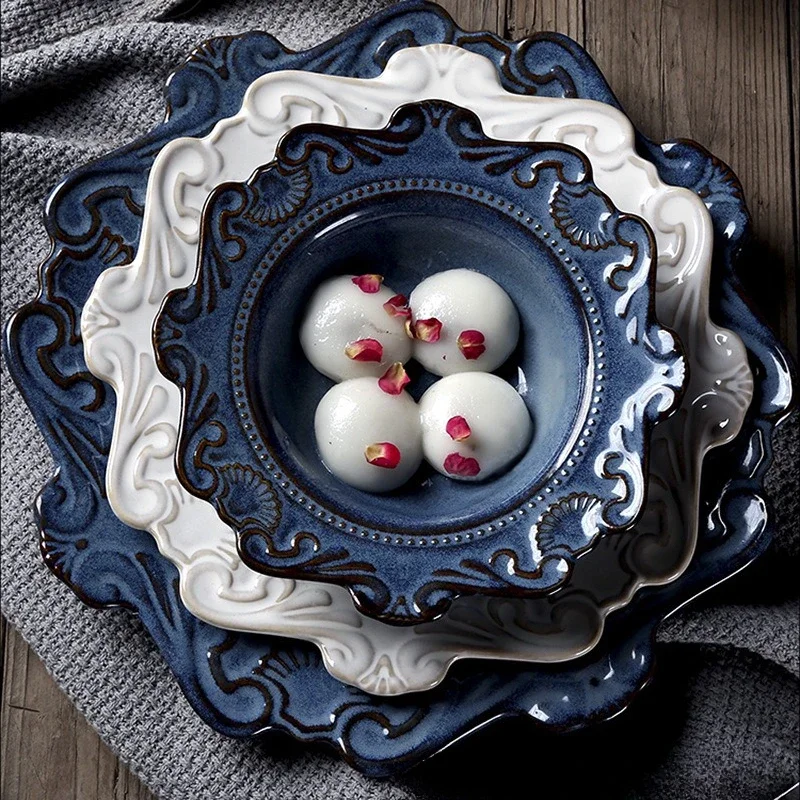 1PC European relief plate, household soup bowl, creative Dim sum plate, ceramic tableware