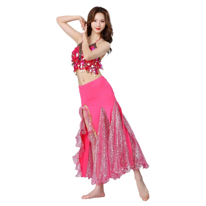 

Новый костюм для танца живота для взрослых и женщин, восточная юбка для танца живота, сценический комплект из 3 предметов, бюстгальтер, юбка с поясом, одежда для танца живота