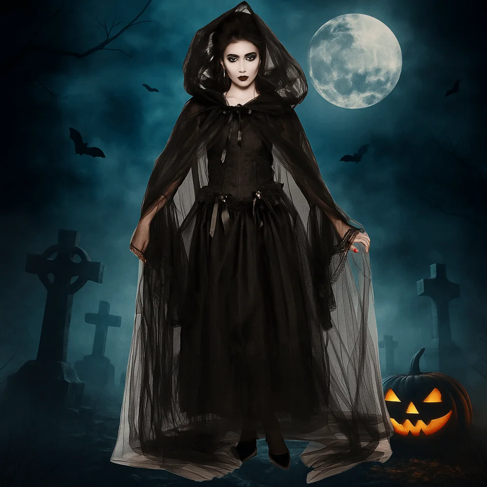 

Sweet Transparent Mesh Ghost Cloak Lace Up Dress Up Women Halloween Costume Accessories Cosplay Hooded Cloak Birthday