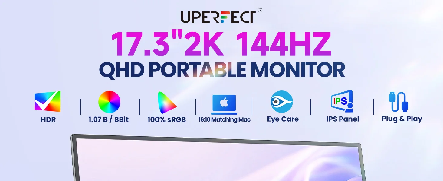 UPERFECT 2K 144Hz tragbarer Monitor 17,3 Zoll 400 Nits 2560x1440P IPS-Bildschirm für Gaming-Reisen Laptop PC PS4/5 Switch HDR-Display – Detail 2
