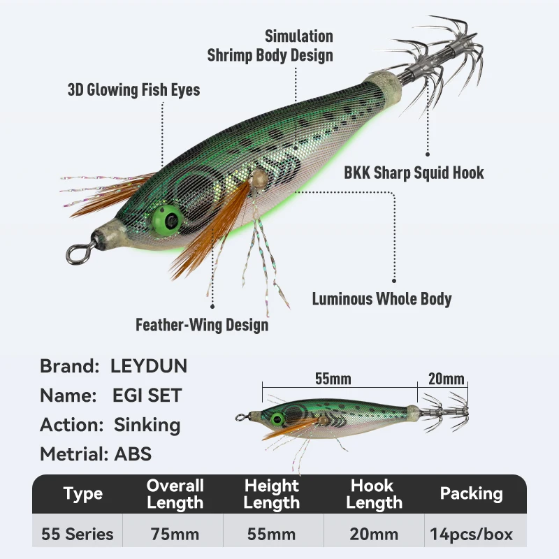 LEYDUN Luminous eye Horizontal Squid Jig Wood Shrimp Squid BKK Hook 14pcs/Set Lures Cuttlefish Shrimp Baits 썸네일 2