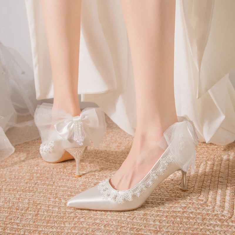 Wedding Shoes Bride White Wedding Shoes Female Satin High Heels Bow Pumps Women Shoes Rhinestone Lace High Heels Party Shoe