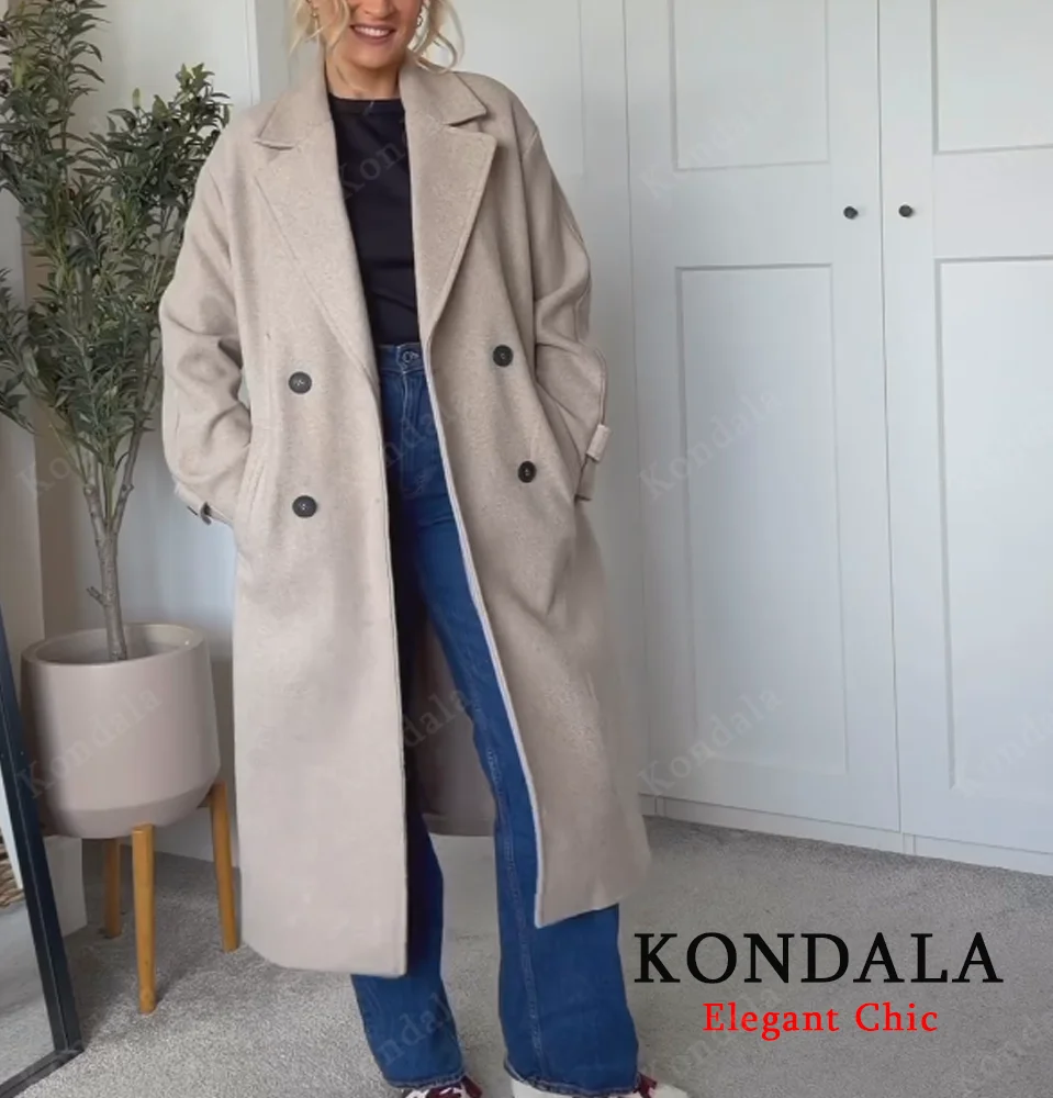 KONDALA Frauen Herbst Winter Elegante Mischung Lange Mantel Revers Zweireiher Warme Mantel 2025, Mode Herbst High Street Dame Mantel