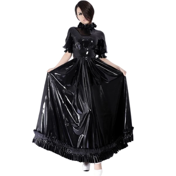 Sissy PVC Leather Dresses for Men and Women, Short Puff Sleeve, A-Line Long Dress, Sexy WetLook, Exotic Slim PU Dress, Club Wear