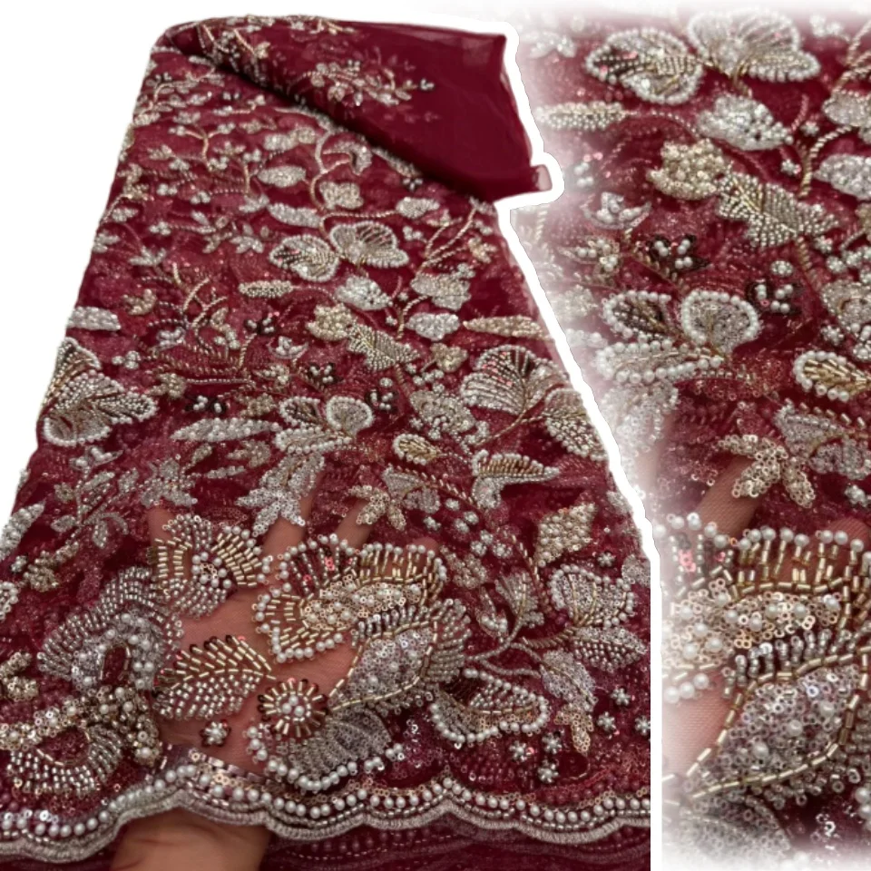 

Luxury African Sequins Lace Fabric High Quality Nigerian French Groom Heavy Beaded for Sewing Wedding Party Dress 5 Yards 2516