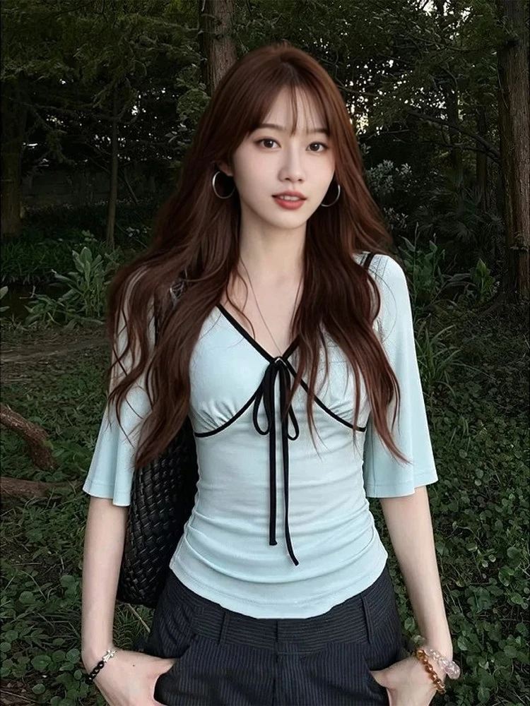 Korean Style  Knot Waist Cinched V-Neck Short Sleeve T-Shirt Women's Summer Fashionable Bell Sleeve Design Top