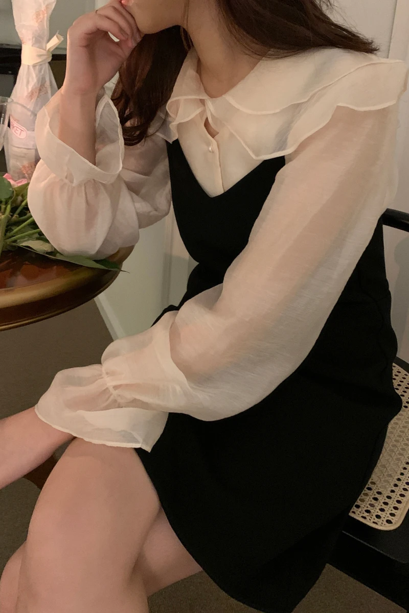 เกาหลี Sle ยาว Sve หวานตุ๊กตาผู้หญิง irt กับกระโปรงจีบฤดูใบไม้ผลิอเนกประสงค์เดินทางเอวสูง A-Line D...