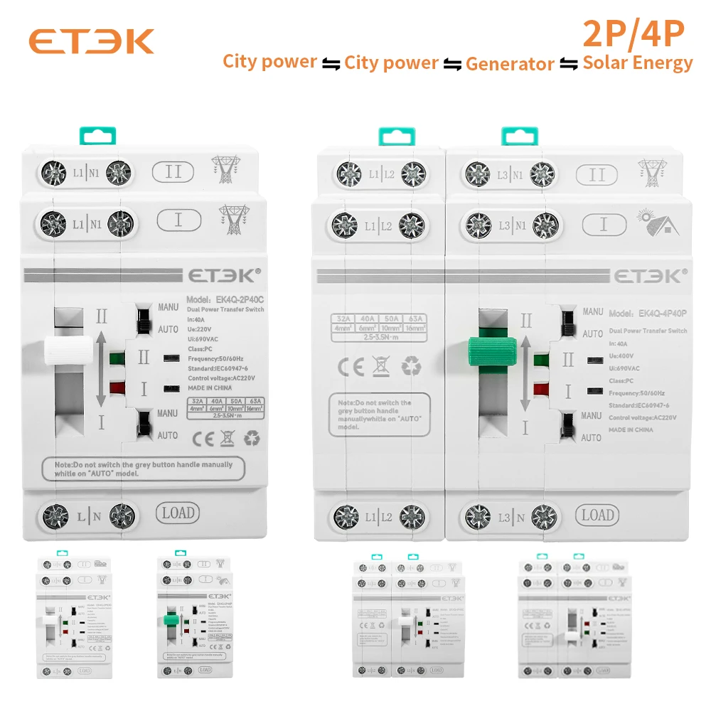 ETEK  Din Rail 2P/4P ATS Dual Power Automatic Transfer Switch Electrical Selector Switches Uninterrupted Power 40A/63A Generator