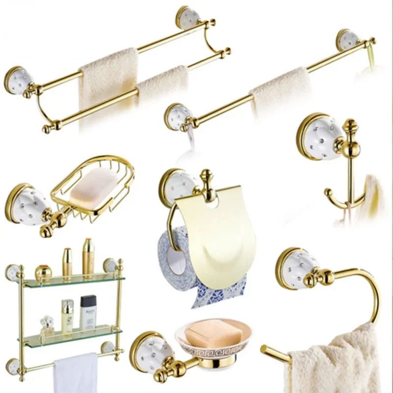 Diamond Star Bathroom Accessories Set Solid Brass Gold Wall-mounted Bathroom Crystal Ceramic Base Bathroom Products