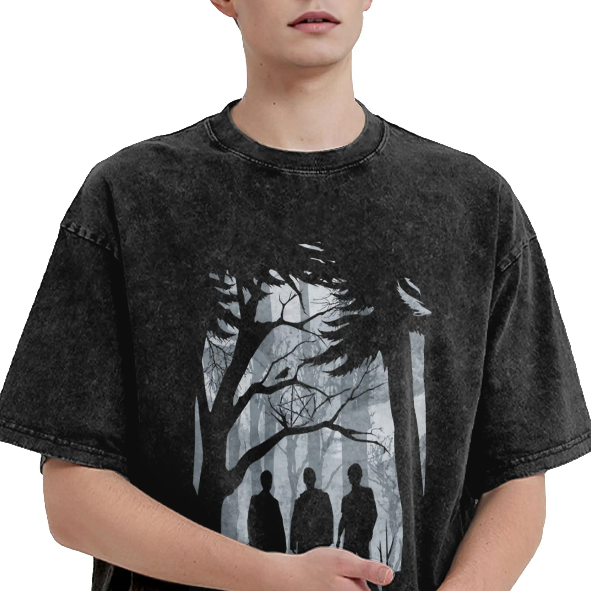 Summer Supernatural Forest Group Silhouette Washed Shirts Outfit Harajuku T-Shirt  for Men Women Tee Shirt