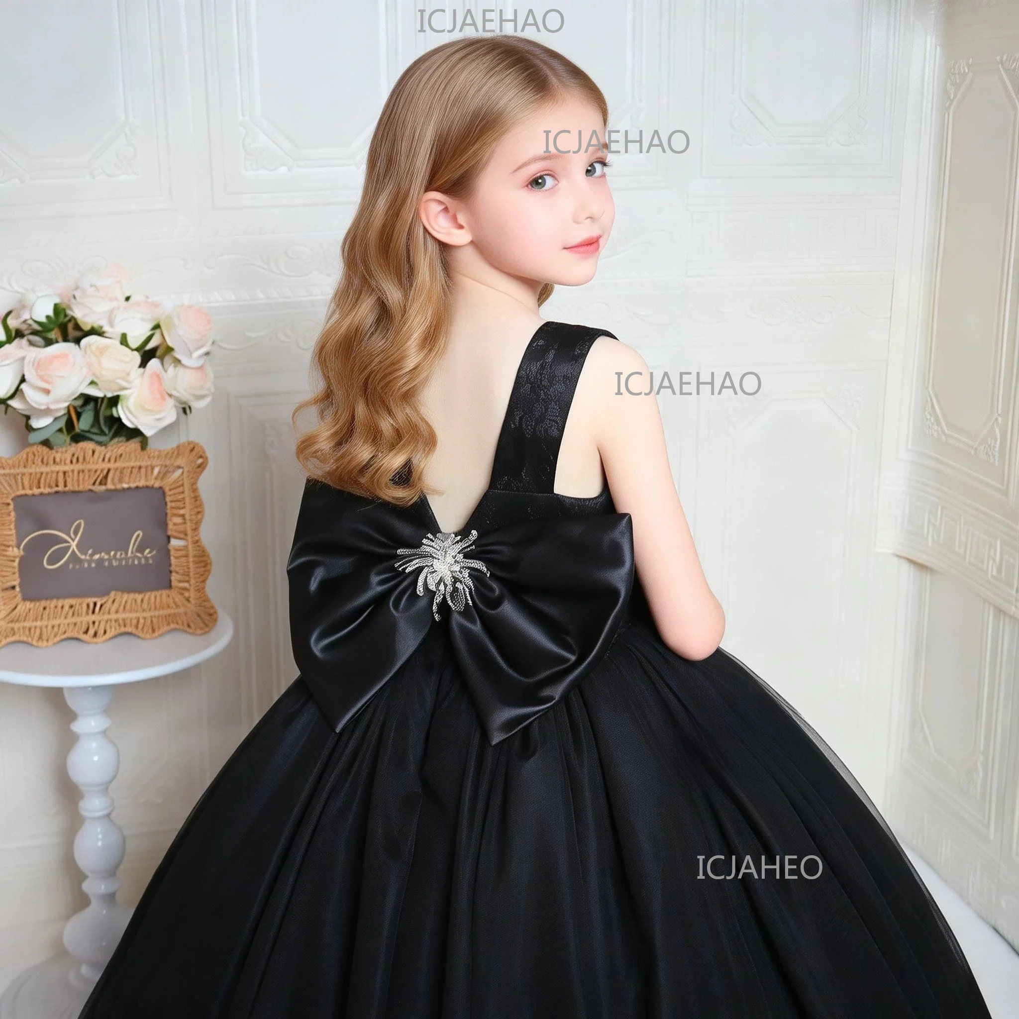 Girls Mesh Spliced Embroidery Piano Art Exam Princess Dress Black Lace Spaghetti Strap Long Skirt  Evening Gown Satin Costume