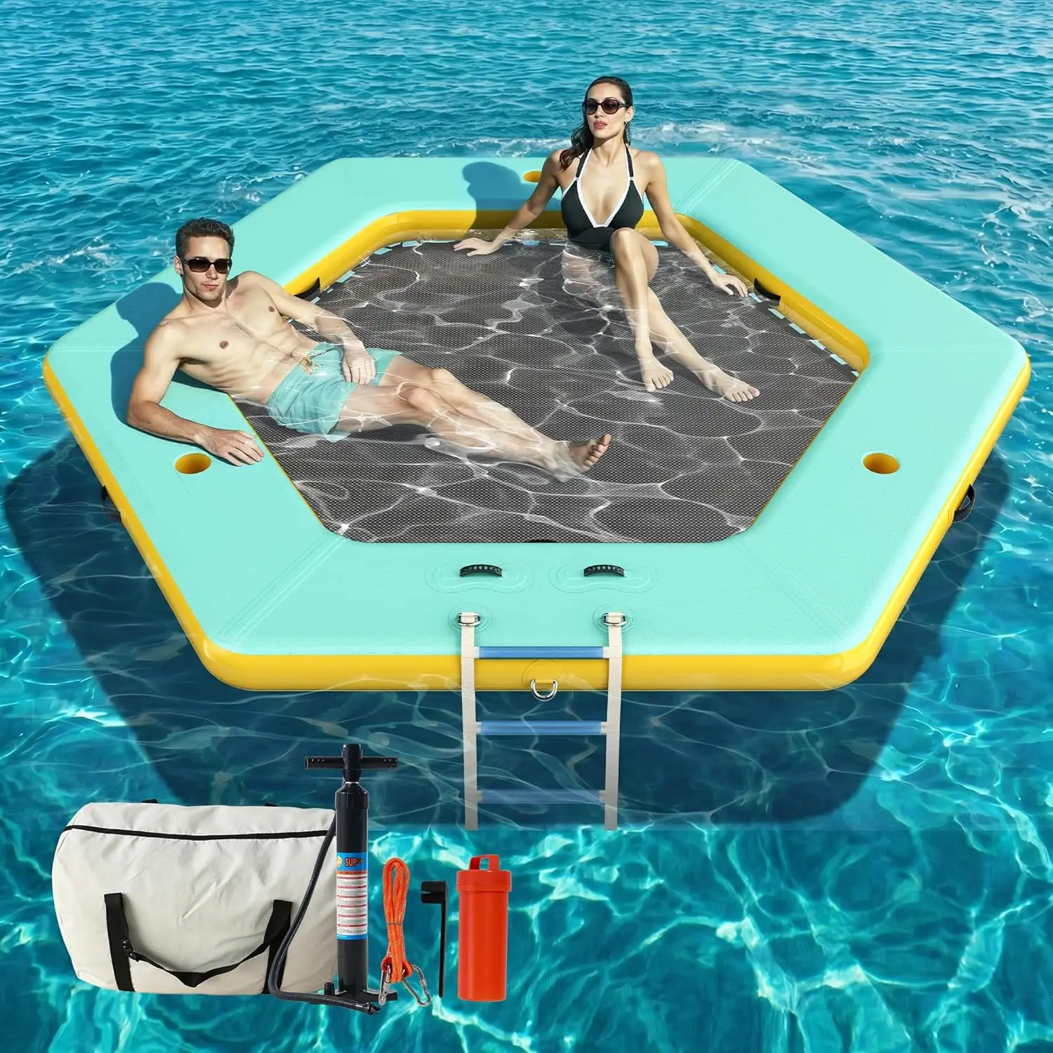 

Inflatable Water Hammock Float with Soft Ladder, Cup Holders and Mat Center, Round & Hexagon Lake Raft for 4–10, Customized