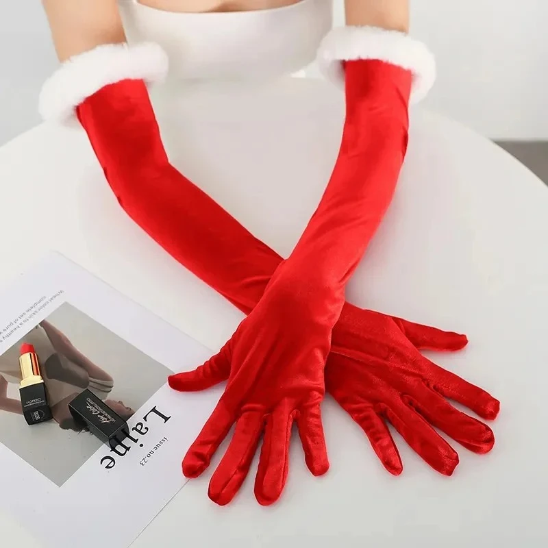 Christmas Party Red Gold Velvet White Plush Long Gloves Cosplay Costume Stage Performance Photography Props Women Winter Warm