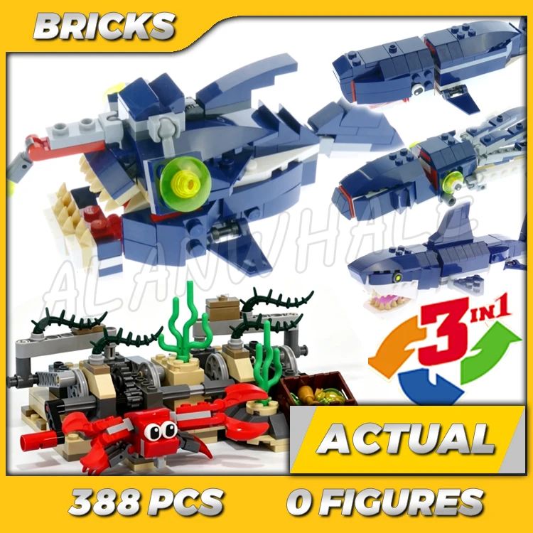 

388pcs Creative 3in1 Deep Sea Creatures Dark-blue Shark Crab Squid Angler Fish 31009 Building Kits toy Compatible With Bricks
