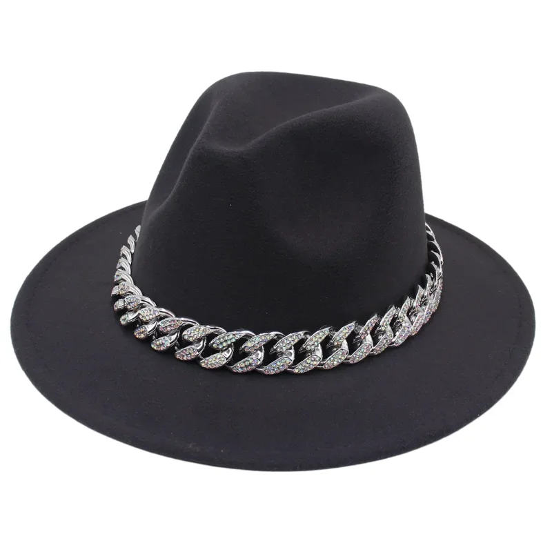 

New Women Fedora Hats With Rhinestone Chain Wide Brim Men Felt Hat Jazz Trilby Hats With Metal Chain Casual Outdoor Dress Hats