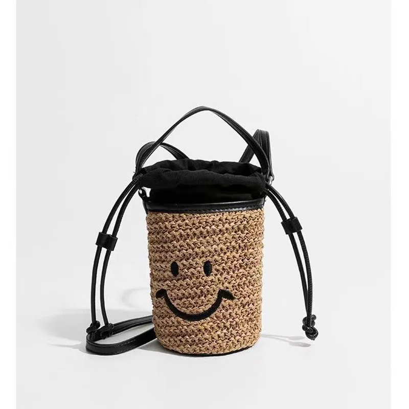 

Smile Drawstring Cylindrical Straw Bags Women New Summer Holiday Weaving Messenger bucket Bag Ladies Vintage Cute Beach Bag Y2k